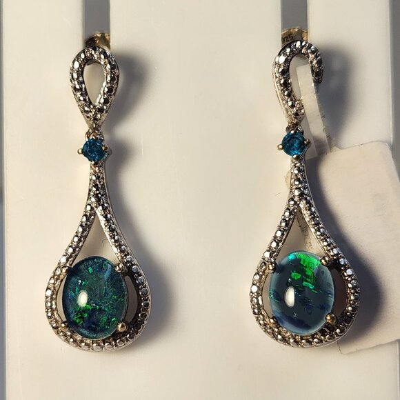 NWT 925 Natural Blue Ridge Opal Triplet & Apatite Art Deco Style Stud Earrings - Picture 5 of 14